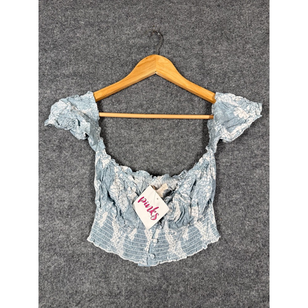 Olivaceous Crop Top Womens Large Blue Snake Ruffled Smocked Waist Button Front